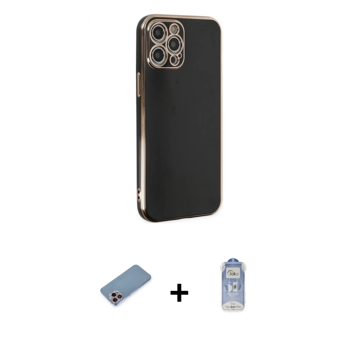 MARSİLYAN™- iPhone 12 Pro Max Kılıf Yankı Serisi - Siyah Joko Magic 5D Cam + Shine Kamera Lens Koruma Cam - PE
