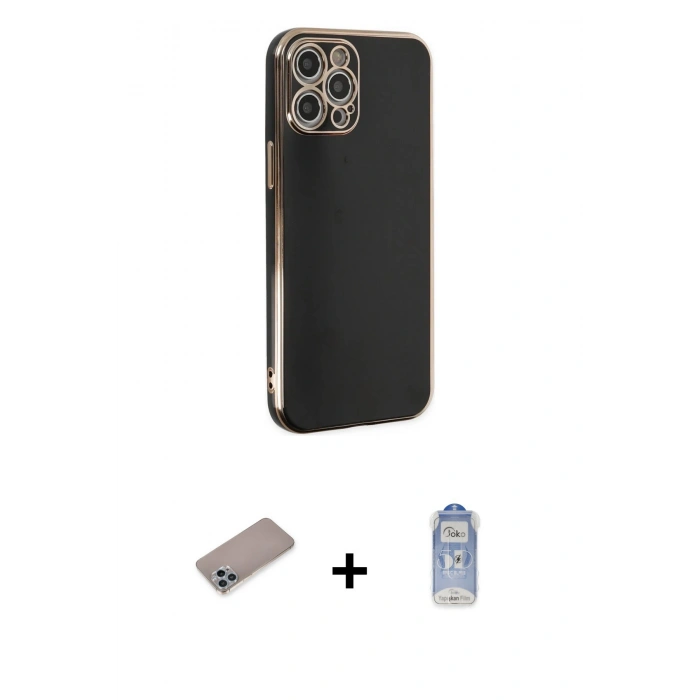 MARSİLYAN™- iPhone 12 Pro Max Kılıf Yankı Serisi - Siyah Joko Magic 5D Cam + Shine Kamera Lens Koruma Cam - SABE