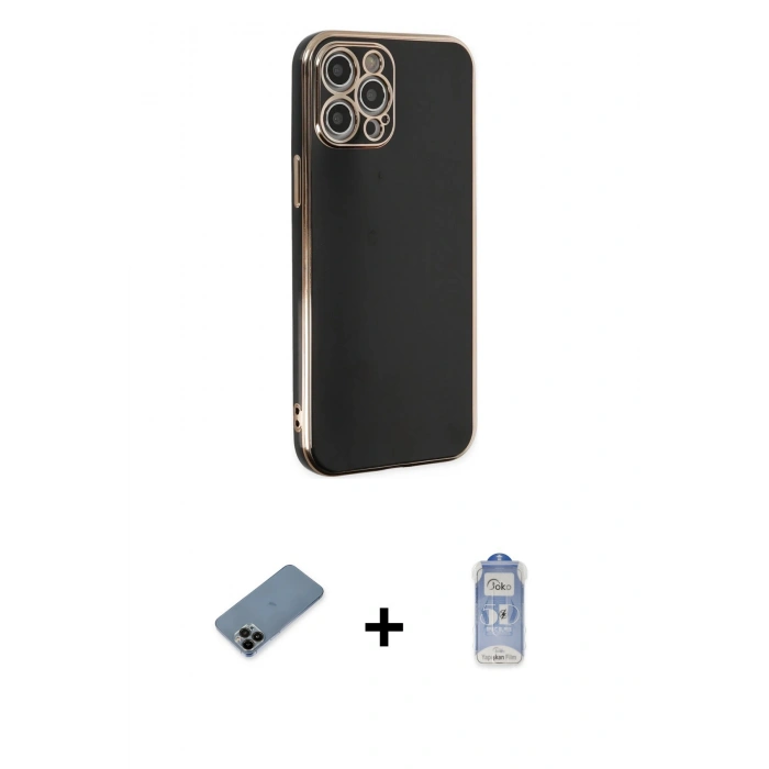 MARSİLYAN™- iPhone 12 Pro Max Kılıf Yankı Serisi - Siyah Joko Magic 5D Cam + Shine Kamera Lens Koruma Cam - SH