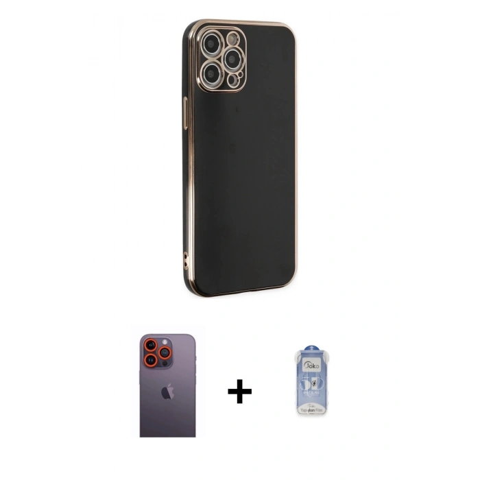MARSİLYAN™- iPhone 12 Pro Max Kılıf Yankı Serisi - Siyah Joko Magic 5D Cam + Neon Fosforlu Kamera Lens - TU