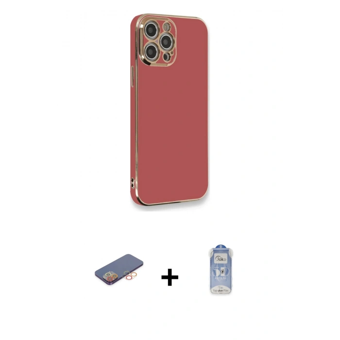 MARSİLYAN™- iPhone 12 Pro Max Kılıf Yankı Serisi - Siyah Joko Magic 5D Cam + Turuncu Renkli Kamera Lens Koruma Cam