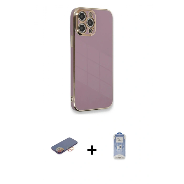 MARSİLYAN™- iPhone 12 Pro Max Kılıf Yankı Serisi - Siyah Joko Magic 5D Cam + Turuncu Renkli Kamera Lens Koruma Cam