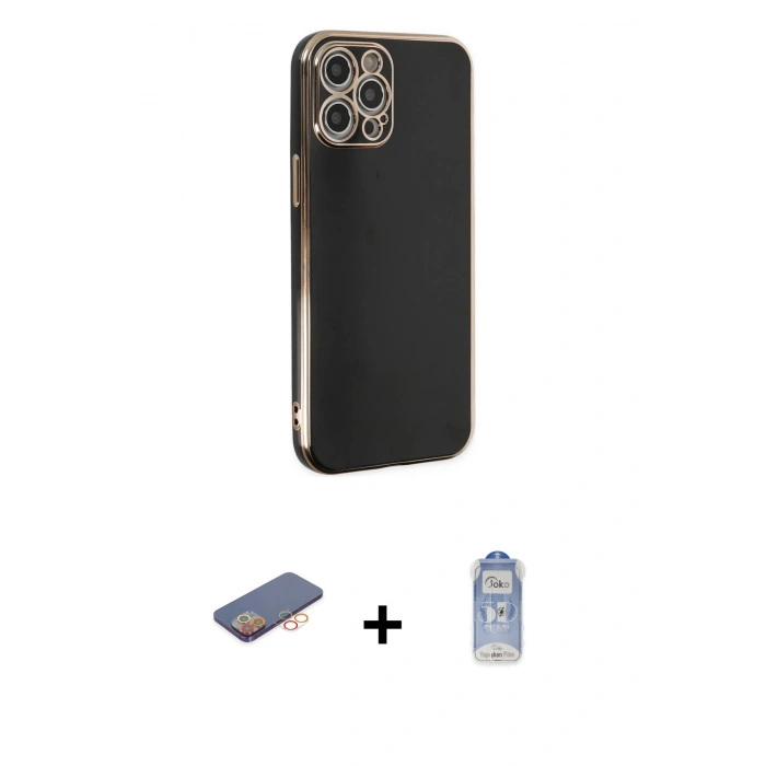 MARSİLYAN™- iPhone 12 Pro Max Kılıf Yankı Serisi - Siyah Joko Magic 5D Cam + Turuncu Renkli Kamera Lens Koruma Cam