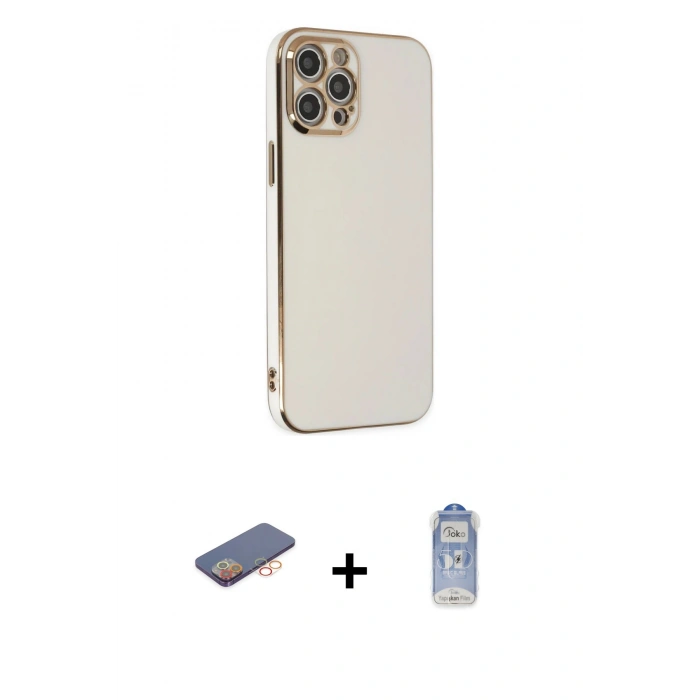 MARSİLYAN™- iPhone 12 Pro Max Kılıf Yankı Serisi - Siyah Joko Magic 5D Cam + Turuncu Renkli Kamera Lens Koruma Cam