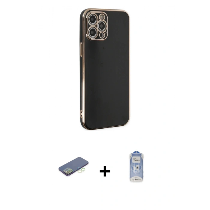 MARSİLYAN™- iPhone 12 Pro Max Kılıf Yankı Serisi - Siyah Joko Magic 5D Cam + Renkli Kamera Lens Koruma Cam - YL
