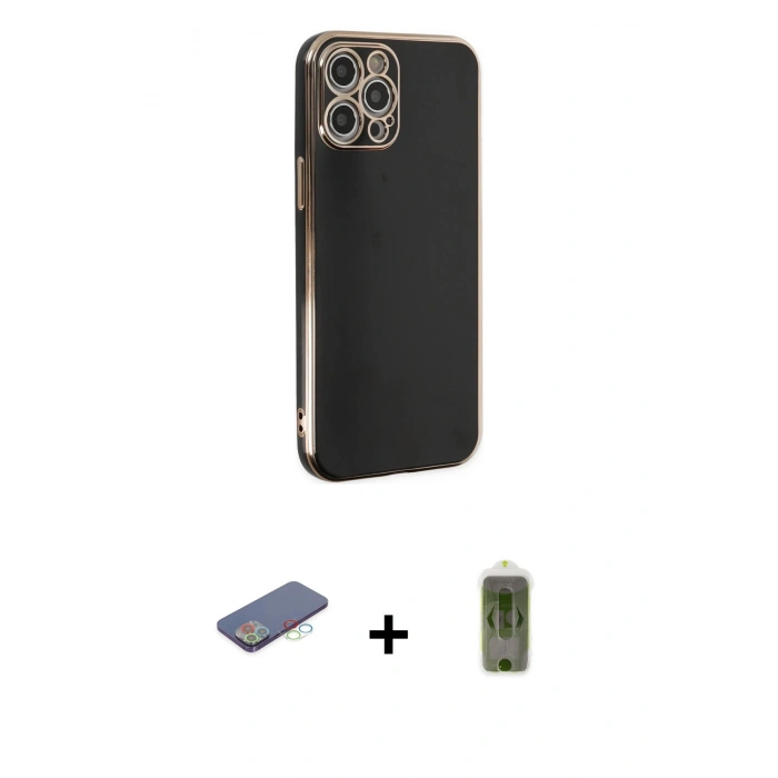 MARSİLYAN™- iPhone 12 Pro Max Kılıf Yankı Serisi - Siyah Joko Magic 5D Hayalet Cam + Renkli Kamera Lens Koruma Cam - MI