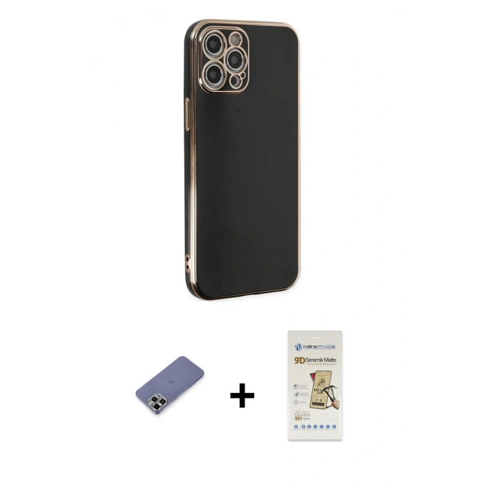 MARSİLYAN™- iPhone 12 Pro Max Kılıf Yankı Serisi - Siyah Mat Seramik Nano Ekran Koruyucu + Metal Kamera Lens Koruma Cam - GD
