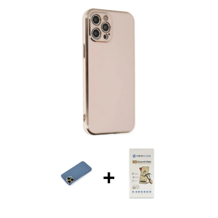 MARSİLYAN™- iPhone 12 Pro Max Kılıf Yankı Serisi - Siyah Mat Seramik Nano Ekran Koruyucu + Shine Kamera Lens Koruma Cam - GD