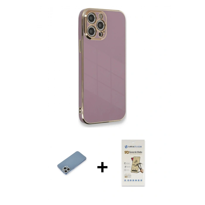MARSİLYAN™- iPhone 12 Pro Max Kılıf Yankı Serisi - Siyah Mat Seramik Nano Ekran Koruyucu + Shine Kamera Lens Koruma Cam - GS