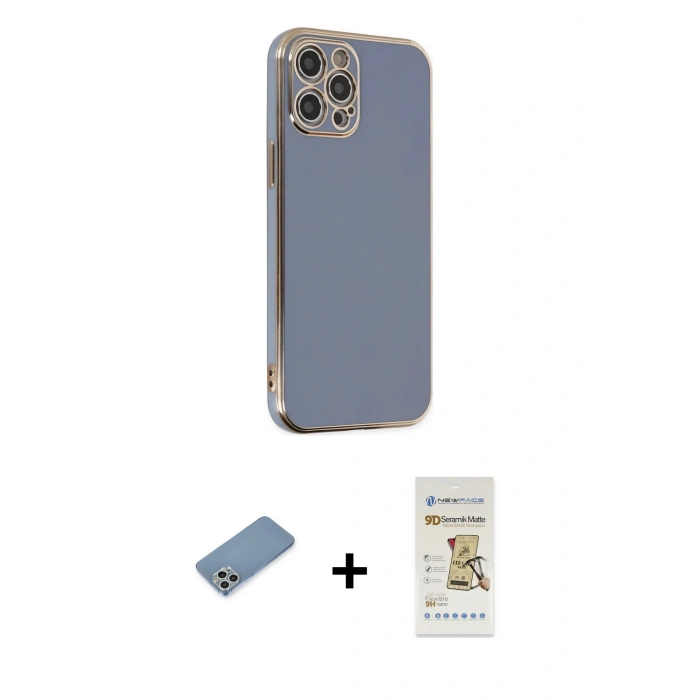 MARSİLYAN™- iPhone 12 Pro Max Kılıf Yankı Serisi - Siyah Mat Seramik Nano Ekran Koruyucu + Shine Kamera Lens Koruma Cam - GS