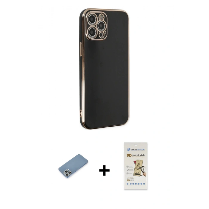 MARSİLYAN™- iPhone 12 Pro Max Kılıf Yankı Serisi - Siyah Mat Seramik Nano Ekran Koruyucu + Shine Kamera Lens Koruma Cam - GS