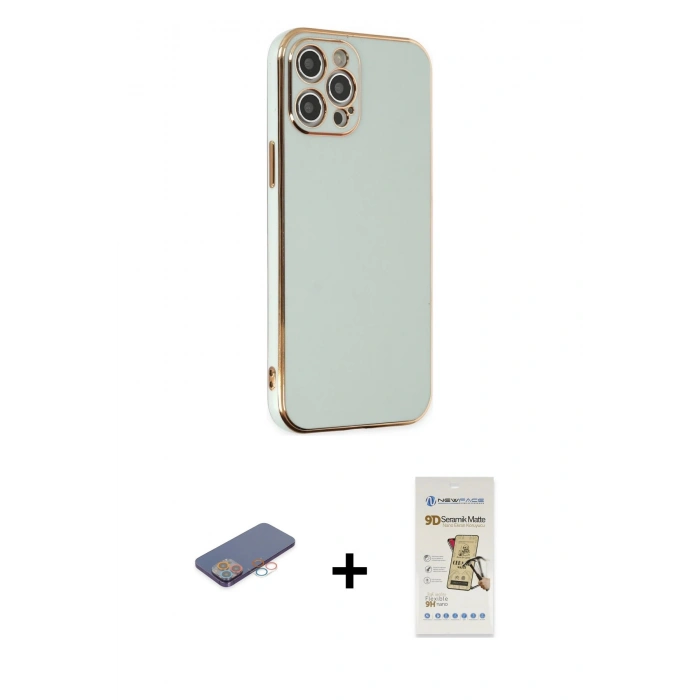 MARSİLYAN™- iPhone 12 Pro Max Kılıf Yankı Serisi - Siyah Mat Seramik Nano Ekran Koruyucu + Renkli Kamera Lens Koruma Cam - PE