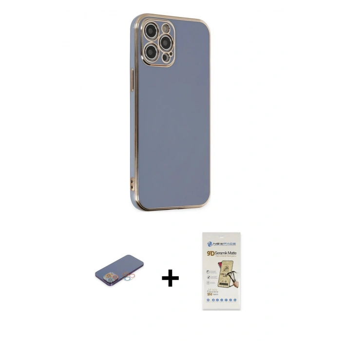 MARSİLYAN™- iPhone 12 Pro Max Kılıf Yankı Serisi - Siyah Mat Seramik Nano Ekran Koruyucu + Renkli Kamera Lens Koruma Cam - PE