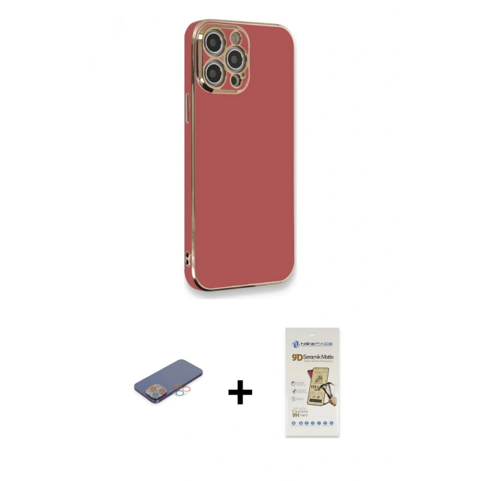 MARSİLYAN™- iPhone 12 Pro Max Kılıf Yankı Serisi - Siyah Mat Seramik Nano Ekran Koruyucu + Renkli Kamera Lens Koruma Cam - PE