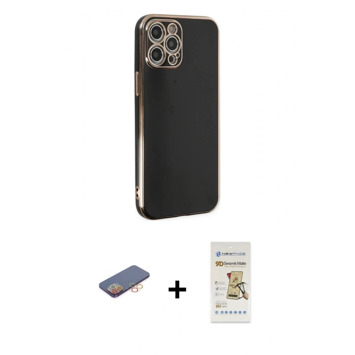 MARSİLYAN™- iPhone 12 Pro Max Kılıf Yankı Serisi - Siyah Mat Seramik Nano Ekran Koruyucu + Renkli Kamera Lens Koruma Cam - TU