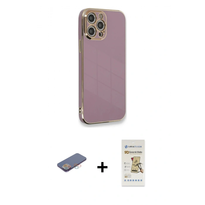MARSİLYAN™- iPhone 12 Pro Max Kılıf Yankı Serisi - Siyah Mat Seramik Nano Ekran Koruyucu + Renkli Kamera Lens Koruma Cam - PE