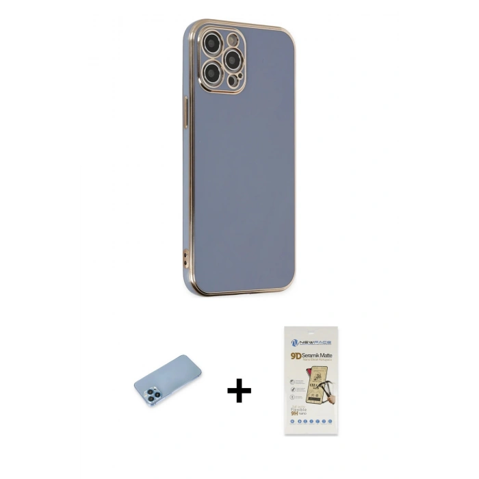 MARSİLYAN™- iPhone 12 Pro Max Kılıf Yankı Serisi - Siyah Mat Seramik Nano Ekran Koruyucu + Shine Kamera Lens Koruma Cam - MI