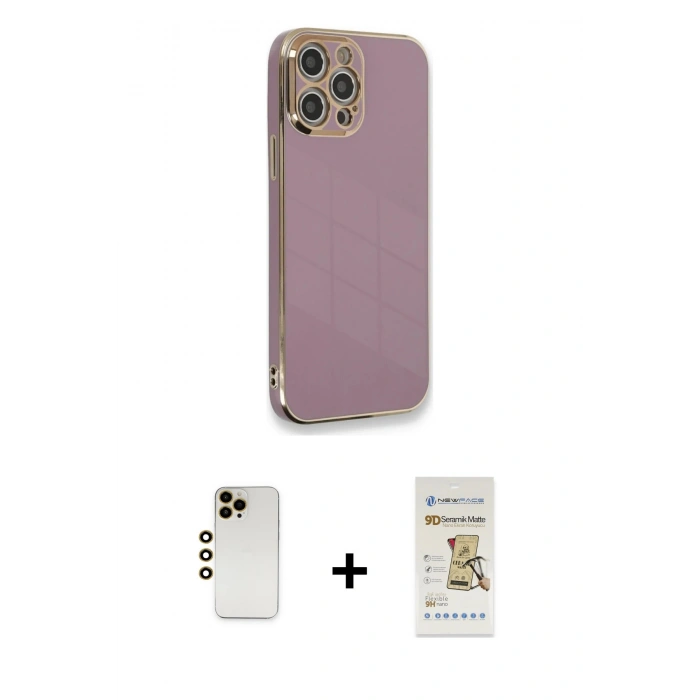 MARSİLYAN™- iPhone 12 Pro Max Kılıf Yankı Serisi - Siyah Mat Seramik Nano Ekran Koruyucu + Shine Kamera Lens - GD