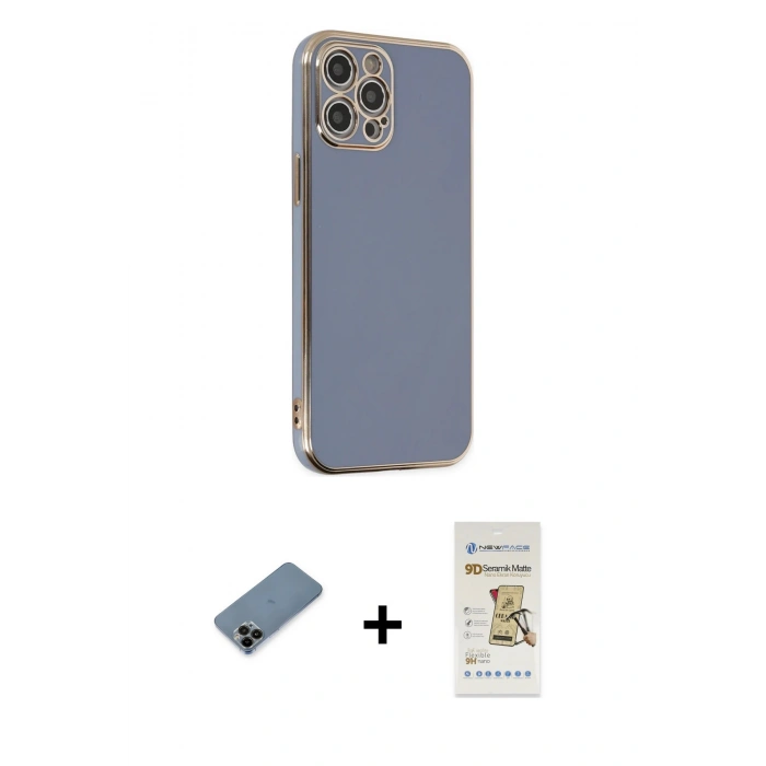 MARSİLYAN™- iPhone 12 Pro Max Kılıf Yankı Serisi - Siyah Mat Seramik Nano Ekran Koruyucu + Shine Kamera Lens Koruma Cam - SH