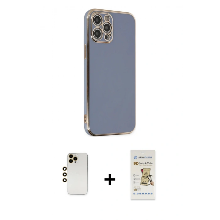 MARSİLYAN™- iPhone 12 Pro Max Kılıf Yankı Serisi - Siyah Mat Seramik Nano Ekran Koruyucu + Shine Kamera Lens - GD