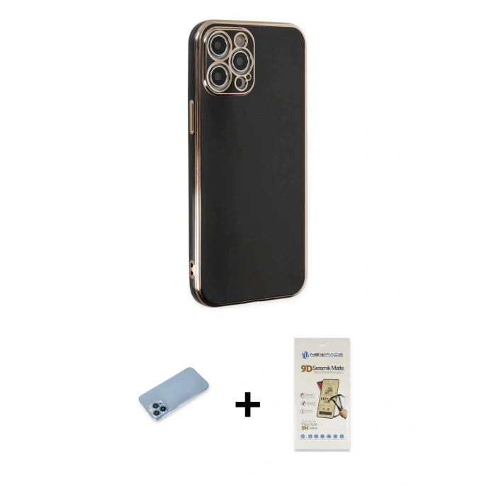 MARSİLYAN™- iPhone 12 Pro Max Kılıf Yankı Serisi - Siyah Mat Seramik Nano Ekran Koruyucu + Shine Kamera Lens Koruma Cam - MI