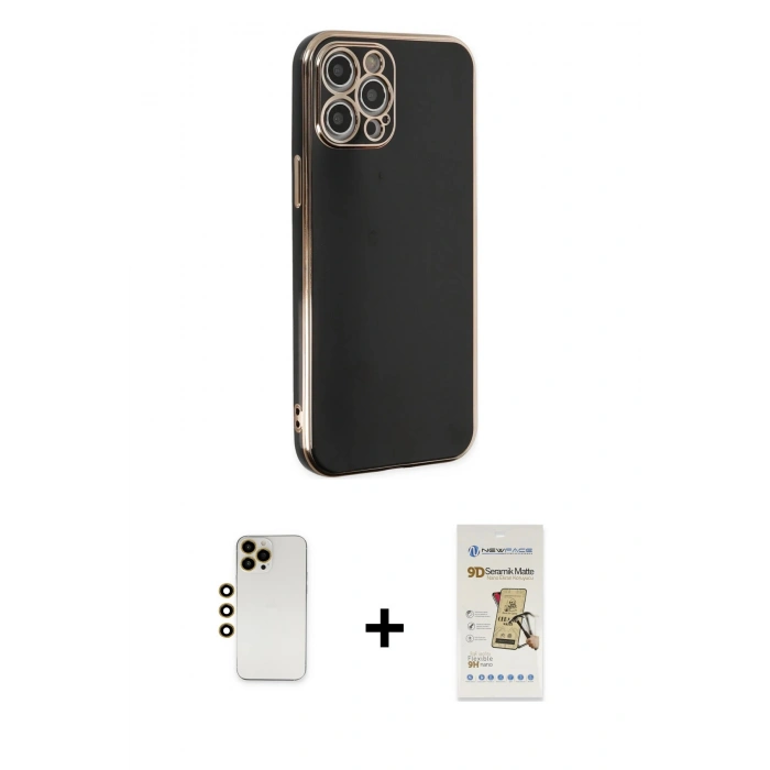 MARSİLYAN™- iPhone 12 Pro Max Kılıf Yankı Serisi - Siyah Mat Seramik Nano Ekran Koruyucu + Shine Kamera Lens - GD