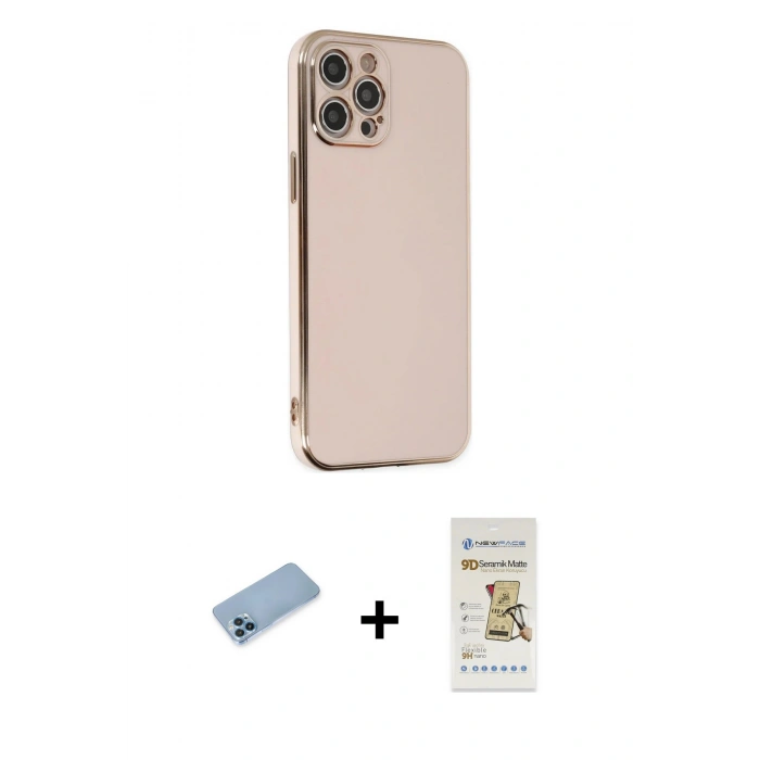 MARSİLYAN™- iPhone 12 Pro Max Kılıf Yankı Serisi - Siyah Mat Seramik Nano Ekran Koruyucu + Shine Kamera Lens Koruma Cam - MI