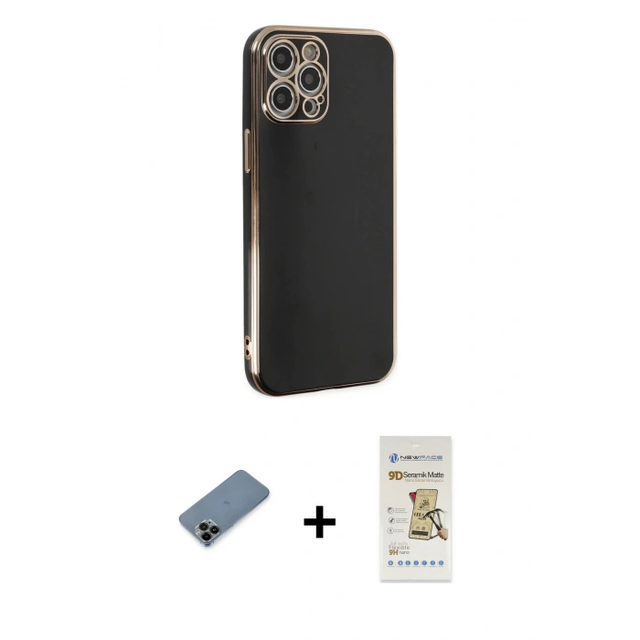MARSİLYAN™- iPhone 12 Pro Max Kılıf Yankı Serisi - Siyah Mat Seramik Nano Ekran Koruyucu + Shine Kamera Lens Koruma Cam - SH
