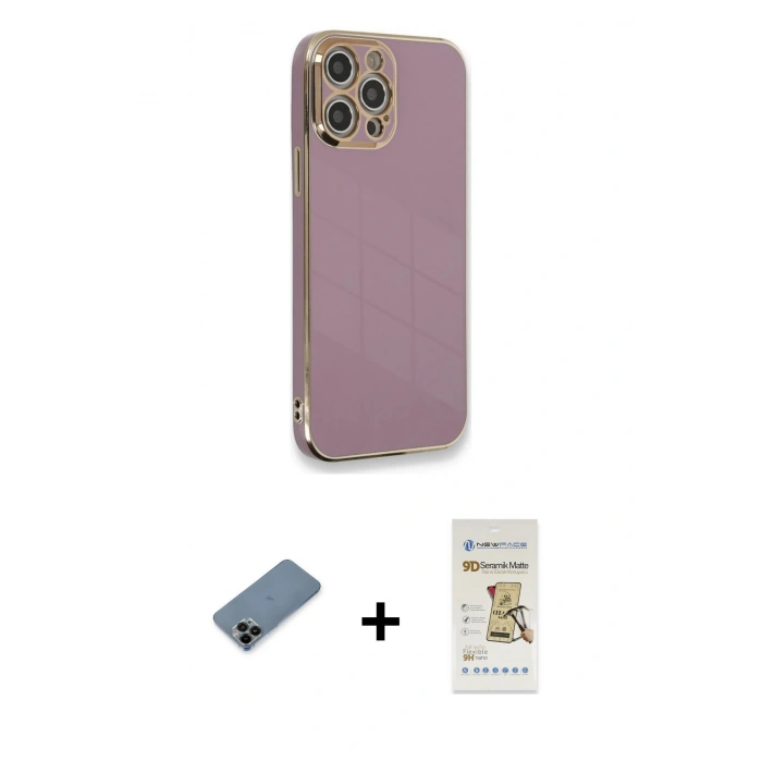MARSİLYAN™- iPhone 12 Pro Max Kılıf Yankı Serisi - Siyah Mat Seramik Nano Ekran Koruyucu + Shine Kamera Lens Koruma Cam - SH