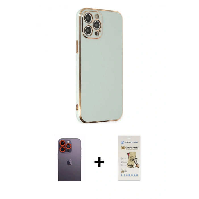 MARSİLYAN™- iPhone 12 Pro Max Kılıf Yankı Serisi - Siyah Mat Seramik Nano Ekran Koruyucu + Neon Fosforlu Kamera Lens - TU