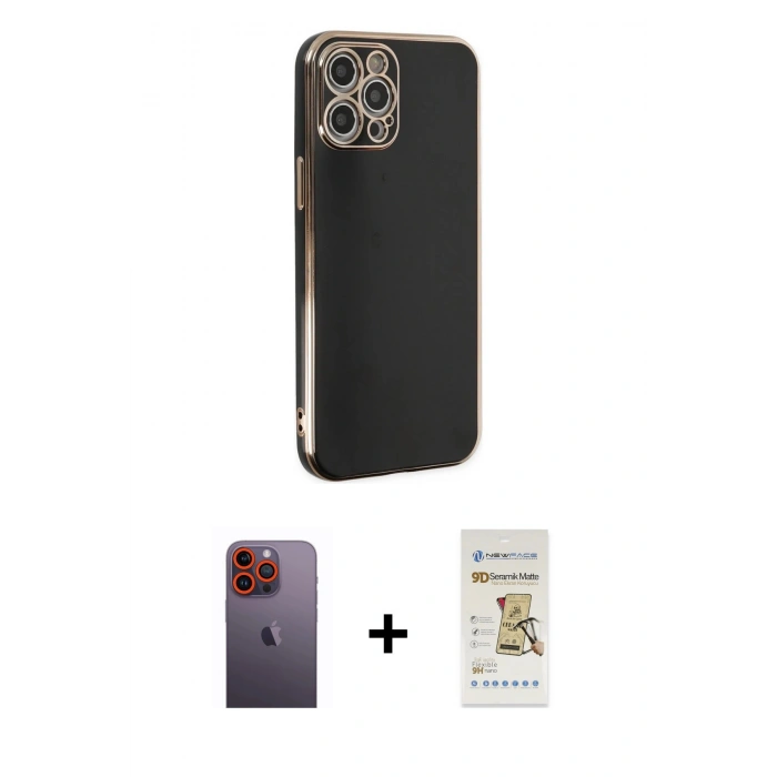 MARSİLYAN™- iPhone 12 Pro Max Kılıf Yankı Serisi - Siyah Mat Seramik Nano Ekran Koruyucu + Neon Fosforlu Kamera Lens - TU