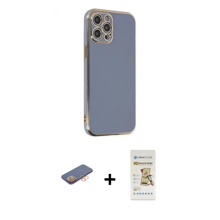 MARSİLYAN™- iPhone 12 Pro Max Kılıf Yankı Serisi - Siyah Mat Seramik Nano Ekran Koruyucu + Renkli Kamera Lens Koruma Cam - TU