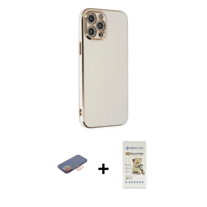 MARSİLYAN™- iPhone 12 Pro Max Kılıf Yankı Serisi - Siyah Mat Seramik Nano Ekran Koruyucu + Renkli Kamera Lens Koruma Cam - TU