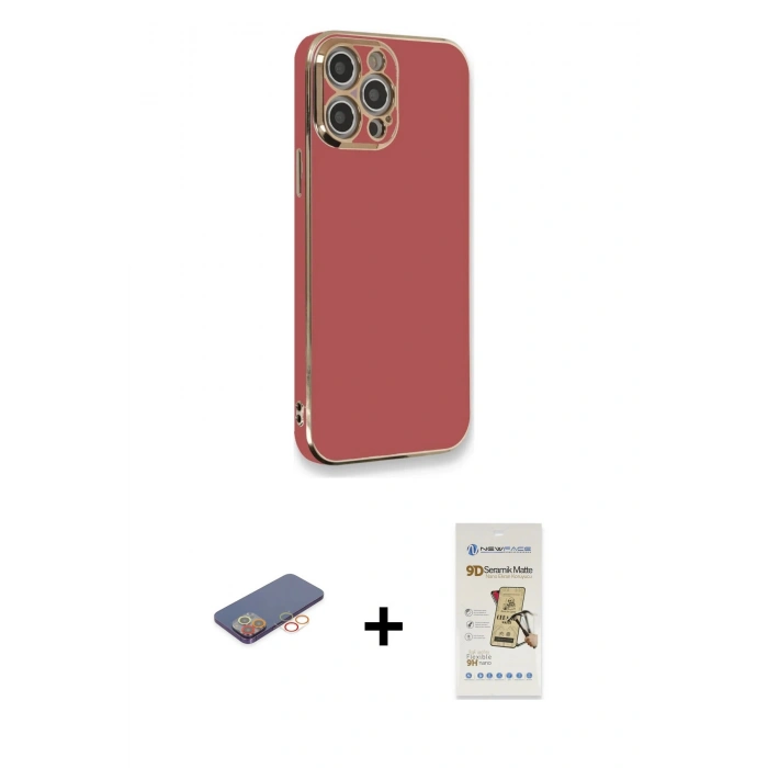 MARSİLYAN™- iPhone 12 Pro Max Kılıf Yankı Serisi - Siyah Mat Seramik Nano Ekran Koruyucu + Renkli Kamera Lens Koruma Cam - TU