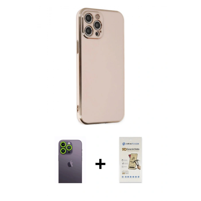 MARSİLYAN™- iPhone 12 Pro Max Kılıf Yankı Serisi - Siyah Mat Seramik Nano Ekran Koruyucu + Neon Fosforlu Kamera Lens - YL