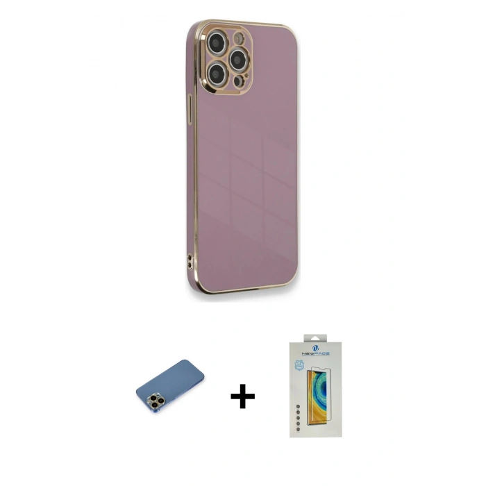 MARSİLYAN™- iPhone 12 Pro Max Kılıf Yankı Serisi - Siyah Polymer Nano Ekran Koruyucu + Gold Shine Kamera Lens Koruma Cam