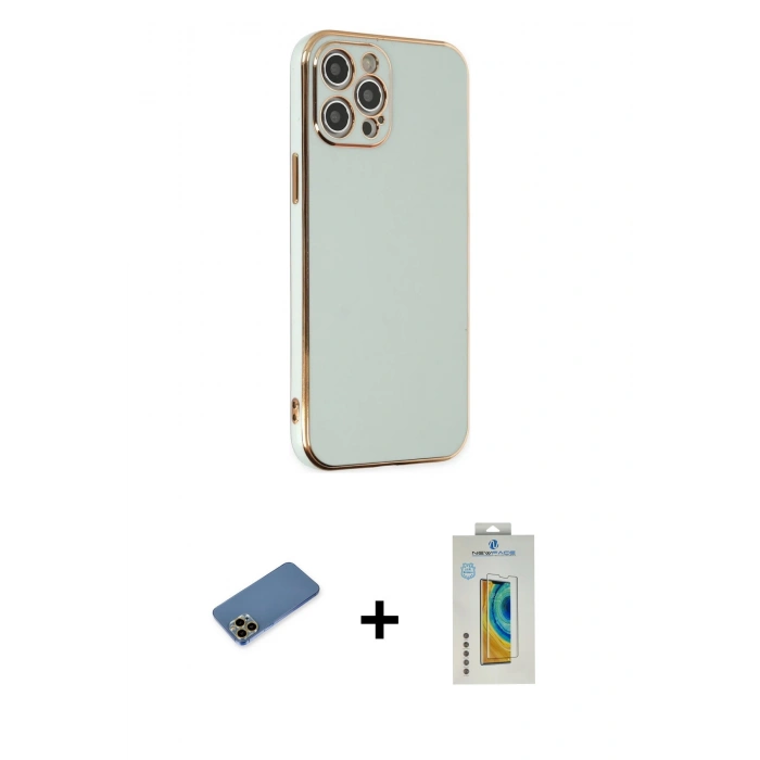 MARSİLYAN™- iPhone 12 Pro Max Kılıf Yankı Serisi - Siyah Polymer Nano Ekran Koruyucu + Gold Shine Kamera Lens Koruma Cam