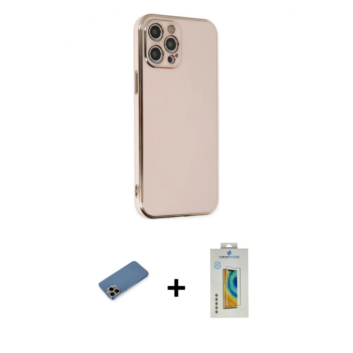 MARSİLYAN™- iPhone 12 Pro Max Kılıf Yankı Serisi - Siyah Polymer Nano Ekran Koruyucu + Gold Shine Kamera Lens Koruma Cam