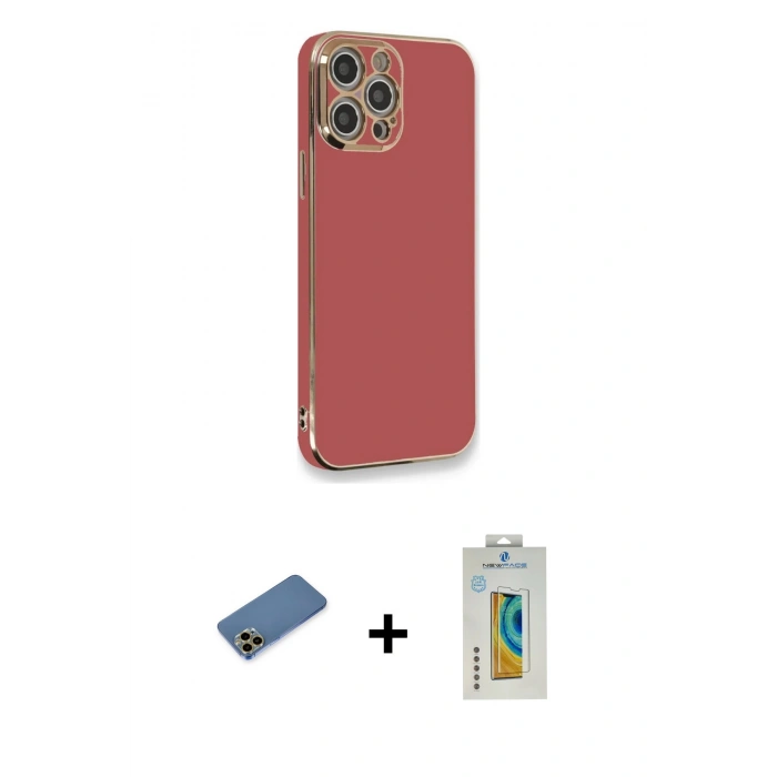 MARSİLYAN™- iPhone 12 Pro Max Kılıf Yankı Serisi - Siyah Polymer Nano Ekran Koruyucu + Gold Shine Kamera Lens Koruma Cam