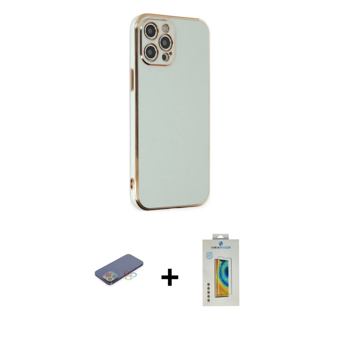 MARSİLYAN™- iPhone 12 Pro Max Kılıf Yankı Serisi - Siyah Polymer Nano Ekran Koruyucu + Mavi Renkli Kamera Lens Koruma Cam