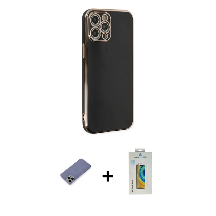MARSİLYAN™- iPhone 12 Pro Max Kılıf Yankı Serisi - Siyah Polymer Nano Ekran Koruyucu + Metal Kamera Lens Koruma Cam - GD