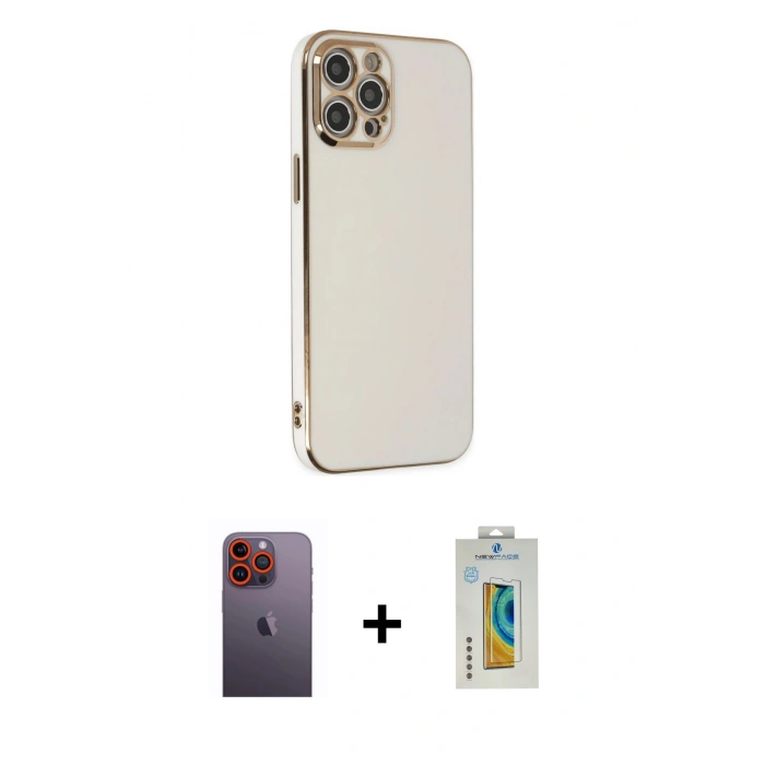 MARSİLYAN™- iPhone 12 Pro Max Kılıf Yankı Serisi - Siyah Polymer Nano Ekran Koruyucu + Neon Fosforlu Kamera Lens - TU