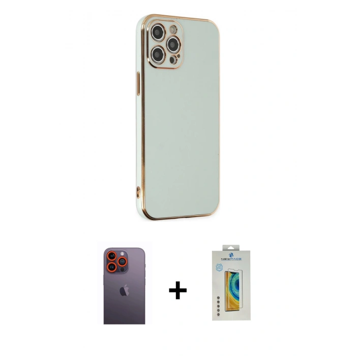 MARSİLYAN™- iPhone 12 Pro Max Kılıf Yankı Serisi - Siyah Polymer Nano Ekran Koruyucu + Neon Fosforlu Kamera Lens - TU