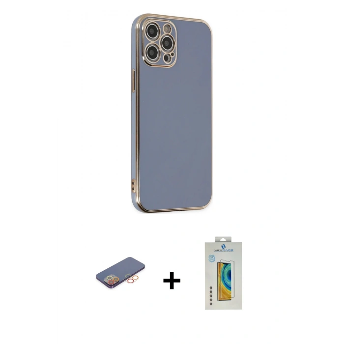 MARSİLYAN™- iPhone 12 Pro Max Kılıf Yankı Serisi - Siyah Polymer Nano Ekran Koruyucu + Renkli Kamera Lens Koruma Cam - TU