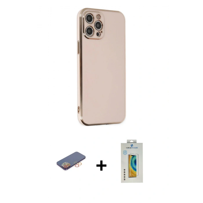 MARSİLYAN™- iPhone 12 Pro Max Kılıf Yankı Serisi - Siyah Polymer Nano Ekran Koruyucu + Renkli Kamera Lens Koruma Cam - TU