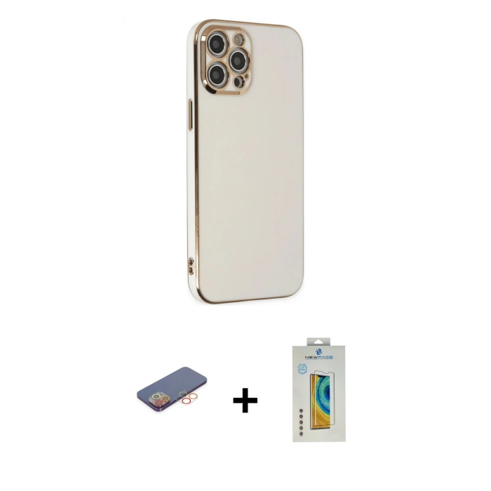 MARSİLYAN™- iPhone 12 Pro Max Kılıf Yankı Serisi - Siyah Polymer Nano Ekran Koruyucu + Renkli Kamera Lens Koruma Cam - TU