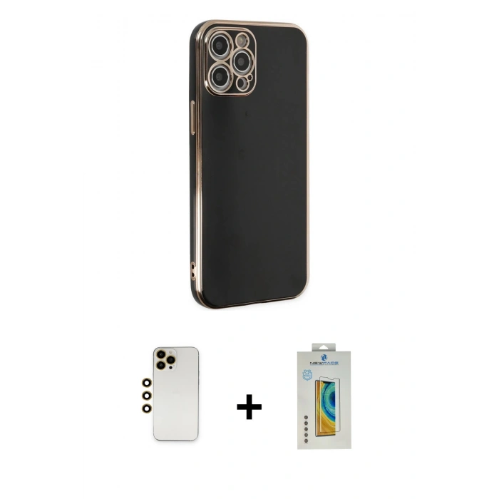 MARSİLYAN™- iPhone 12 Pro Max Kılıf Yankı Serisi - Siyah Polymer Nano Ekran Koruyucu + Shine Kamera Lens - GD