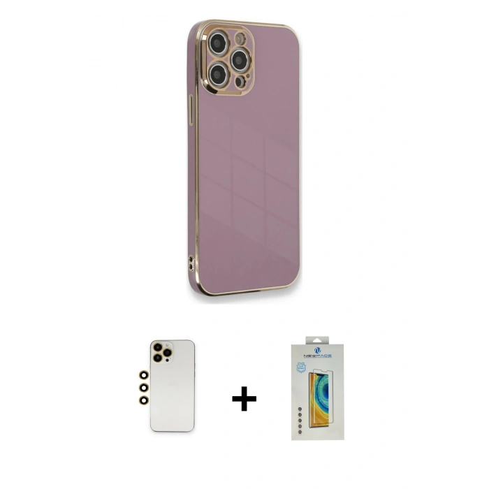 MARSİLYAN™- iPhone 12 Pro Max Kılıf Yankı Serisi - Siyah Polymer Nano Ekran Koruyucu + Shine Kamera Lens - GD