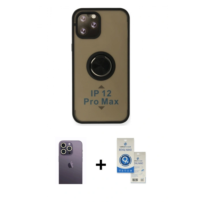 MARSİLYAN™- iPhone 12 Pro Max Kılıf Yörünge Çizgi - Şeffaf Royal Nano Ekran Koruyucu + Neon Fosforlu Kamera Lens - BZ