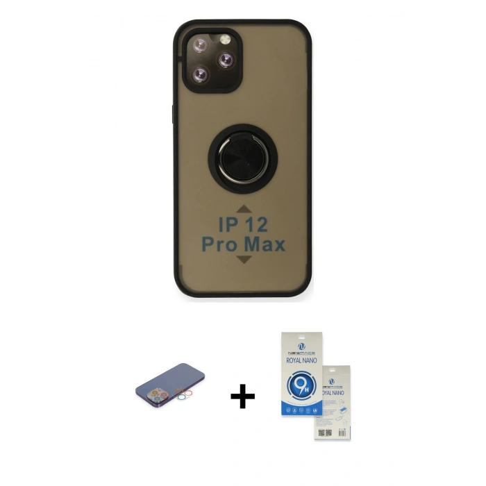 MARSİLYAN™- iPhone 12 Pro Max Kılıf Yörünge Çizgi - Şeffaf Royal Nano Ekran Koruyucu + Renkli Kamera Lens Koruma Cam - PE